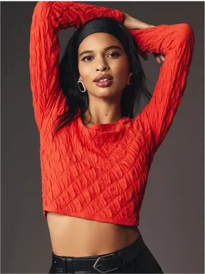 ANTHROPOLOGIE Maeve‎ Popcorn Long Sleeve Square Neck Red Tee Large thumbnail 1