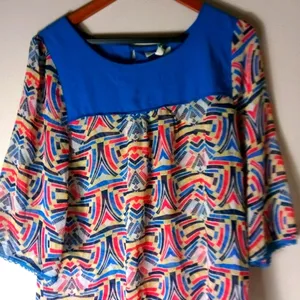 Umgee L Geo Patterned Peasant Top in Bright Blue Orange Yellow thumbnail 1