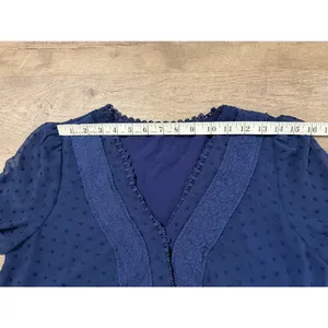 Mi Ami Navy Blue Swiss‎ Dot Lace Trim Faux Wrap Long Sleeve Blouse Medium thumbnail 9