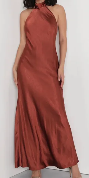 NWT Lulus Size XS Love in Your Life Rust‎ Brown Satin Halter Maxi Dress Formal thumbnail 1