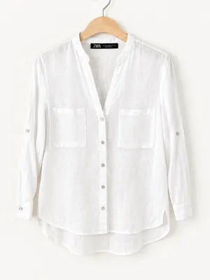 Zara 100% Linen Oversized White V-Neck Button Down Blouse XS Mandarin Collar thumbnail 4