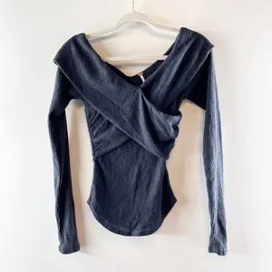 Free People Marley Off Shoulder Fitted Blouse Top Buffy Rib Poppy Seed Black XS thumbnail 4