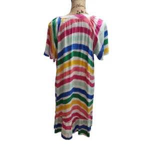 Crown & Ivy Dress L Rainbow Striped Peasant Midi Tie Neck‎ Short Sleeve thumbnail 2