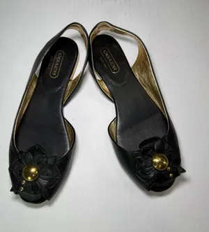 Coach Black Leather Slingback Flats with Floral Stud Accent thumbnail 1