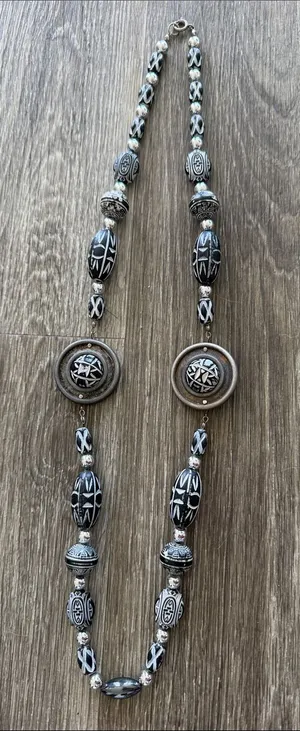 Bohemian whimsy goth witchy black white long necklace beaded medallions thumbnail 1