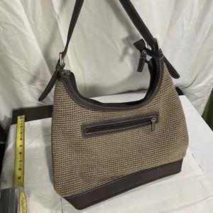 The Sak Woven Crochet Hobo Shoulder Bag Brown Leather Trim Zip Top thumbnail 15