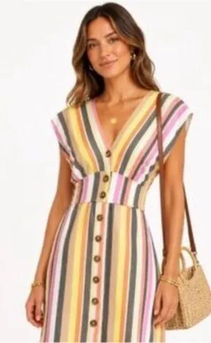LOFT Multicolor Striped Button-Front V-Neck Dress Midi Length Size 12 NWT thumbnail 1