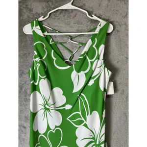 Vintage Tropical Hibiscus Floral Midi Dress Green White Resort Vacation S New thumbnail 2