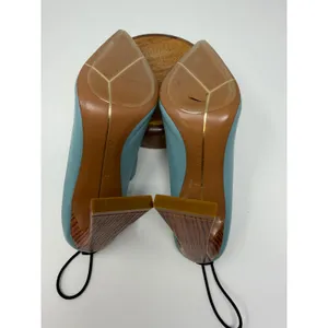 YEVRAH Light Blue Leather Ruched Toggle Pointed Toe Wood Block Heels Size 38 thumbnail 4