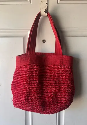 American Eagle Red Raffia Straw Tote Bag Woven Beach Summer Boho Handbag thumbnail 1