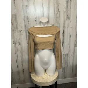 Gold Shimmer Two Piece Set Long Sleeve Crop Top & Mini Skirt Size Large thumbnail 3