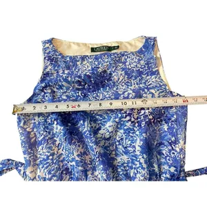 Lauren Ralph Lauren Blue Floral Sheer Lined Tie Waist Pleated Sleeveless Dress 2 thumbnail 11