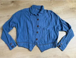 Free People Beaded Crinkle Gauze Top Blue Button Down Western Long Sleeve Size M thumbnail 1