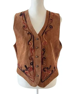 Vintage Ali Miles Brown Suede-Look Embroidered Vest Western Boho USA Made Size M thumbnail 1
