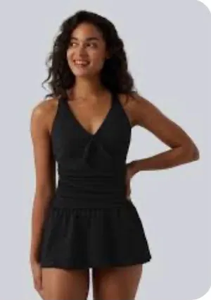 Halara black ruched v-neck swimdress thumbnail 1