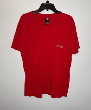 PINK Victoria's Secret Red Short Sleeve Pocket T-Shirt Gold Glitter Dog Logo L thumbnail 1