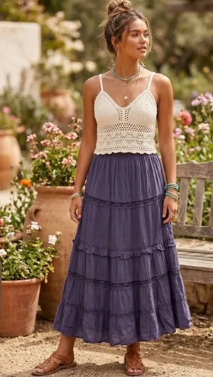 Vintage White Stag Purple Tiered Lace Midi/Maxi Skirt Size L thumbnail 1