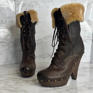 Sam Edelman Winsford Brown Leather Lace‎ Up Clogs Fur Booties Size 6.5M festival thumbnail 3
