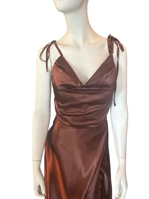 Monvelli Satin Cowl Neck Evening Gown w/Thigh High Slit & Pockets Brown 12 NWT thumbnail 3