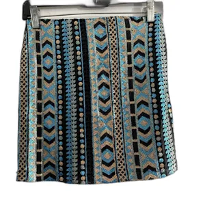 Francesca's Allover Sequin Mini Skirt Bodycon Blue Gold Geometric Tribal‎ Small thumbnail 2
