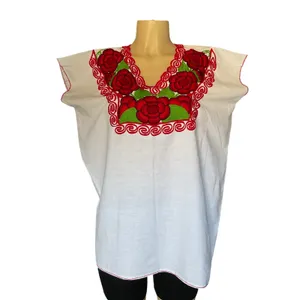 Mexican Embroidered Blouse Artesanal Floral Top White Cotton Boho Festival thumbnail 1
