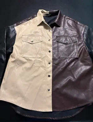 Mittoshop Womens Colorblock Faux Leather Shacket Brown Tan‎ Black Size L thumbnail 1