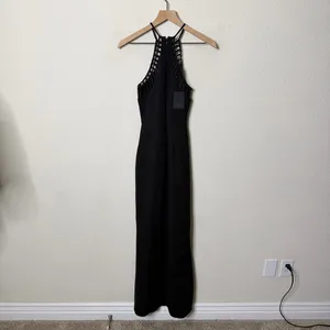 NWT‎ NBD Black Maxi Dress High Neck Lattice Cutout High Slit Womens Size S thumbnail 3