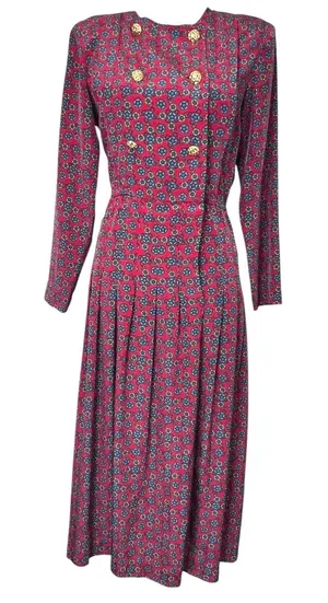 Vintage Talbots Medallion Print Midi Dress Gold Crest Button Long‎ Sleeve Red 6 thumbnail 1