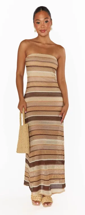SHOW ME YOUR MUMU Taylor Tube Dress L Crochet Striped Maxi Strapless Boho NWT thumbnail 1