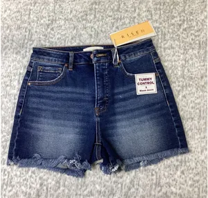Risen Jeans Womens High Rise Frayed Hem Tummy Control Denim Shorts Dark Wash M thumbnail 1