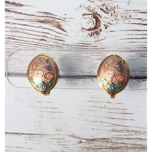 Vintage Clip On Earrings - 5/8" Oval Shape with Butterfly & Flowers Design thumbnail 2