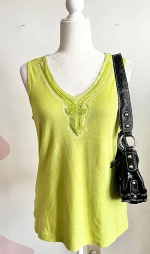 Faded Glory Green Lace Tank Top, Beaded Y2K Fairycore 2000s‎ Coquette Festival Medium thumbnail 1