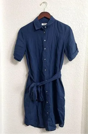 Untuckit Womens Dress Blue Button Front Belted Linen Short Sleeve Size 6 thumbnail 1