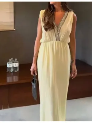 Zara NWT embellished beaded trim light yellow Sleeveless Maxi Dress thumbnail 2