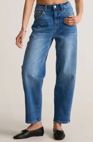 Quince Bella Stretch High Rise Barrel Jeans Organic Cotton Atlantic Blue 26 thumbnail 1