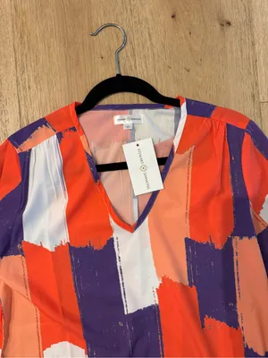 Stewart Simmons Colorblock Abstract V-Neck Blouse - Orange / Purple thumbnail 2