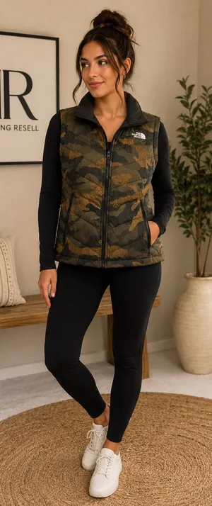 The North Face Womens Camo Puffer Vest Green Brown Quilted Full Zip Small thumbnail 1