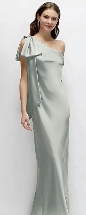 AFTER SIX 6900 Effortless Glam Bow Charmeuse One Shoulder Bow Maxi Sage Green L thumbnail 1