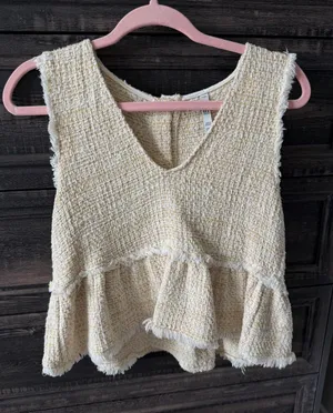 Zara Cream Textured V-Neck Peplum Tank thumbnail 1