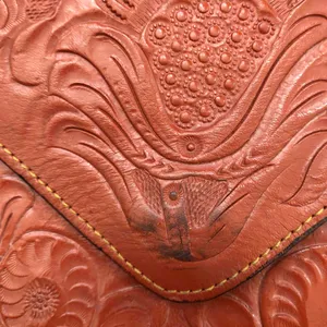 Vintage Red-brown genuine leather saddle shoulder crossbody clutch bag purse with tooled engraved minimalist floral design and crossbody messenger straps - perfect for a boho, western, or hippie look Measurement in pics thumbnail 7