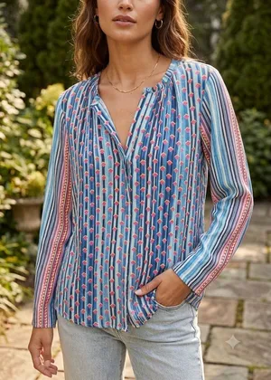 Ecru‎ 100% Silk Blouse Blue Pink Geometric Striped Split Neck Long Sleeve Large thumbnail 1