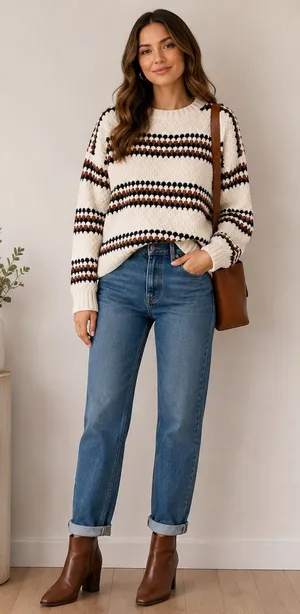 Forever 21 Womens Chenille Popcorn‎ Knit Striped Sweater Cream Brown Navy Small thumbnail 1