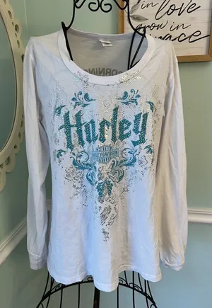 Harley Davidson‎ White Long Sleeve Tee Teal Lettering Faceted Beads Metallic L thumbnail 1