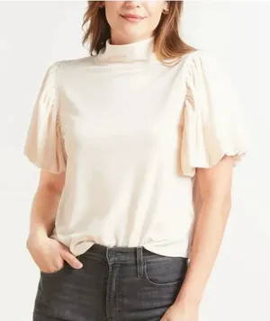 Free People Claudia Light Pink Velvet Mock‎ Neck Puff Sleeve Blouse Size Medium thumbnail 1
