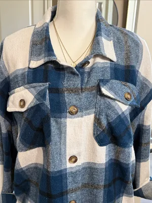 SHEIN Blue & Cream Plaid Flannel Oversized Shacket Jacket S Cottagecore Casual thumbnail 2