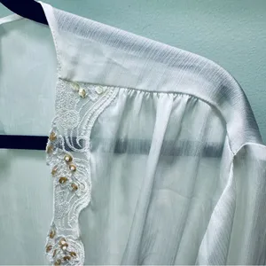 Maidenform Size S Vintage Long White Sheer Lace Trim Robe w Beading and Sequins thumbnail 5