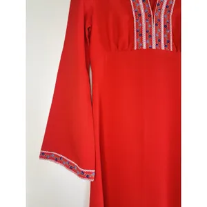 VTG 70s Handmade Red Maxi Dress Boho Embroidered‎ Disco Collar Bell Sleeve Small thumbnail 8