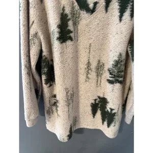 Woolrich Vintage Pine Tree Sherpa Fleece Pullover V-Neck Cream Green Womens S thumbnail 3