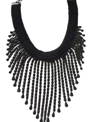 Like New White House Black Market Jeweled Fringe Bib Necklace Black thumbnail 6