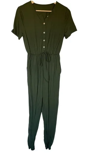 olive green button front drawstring waist jumpsuit‎ pockets women's size small thumbnail 1